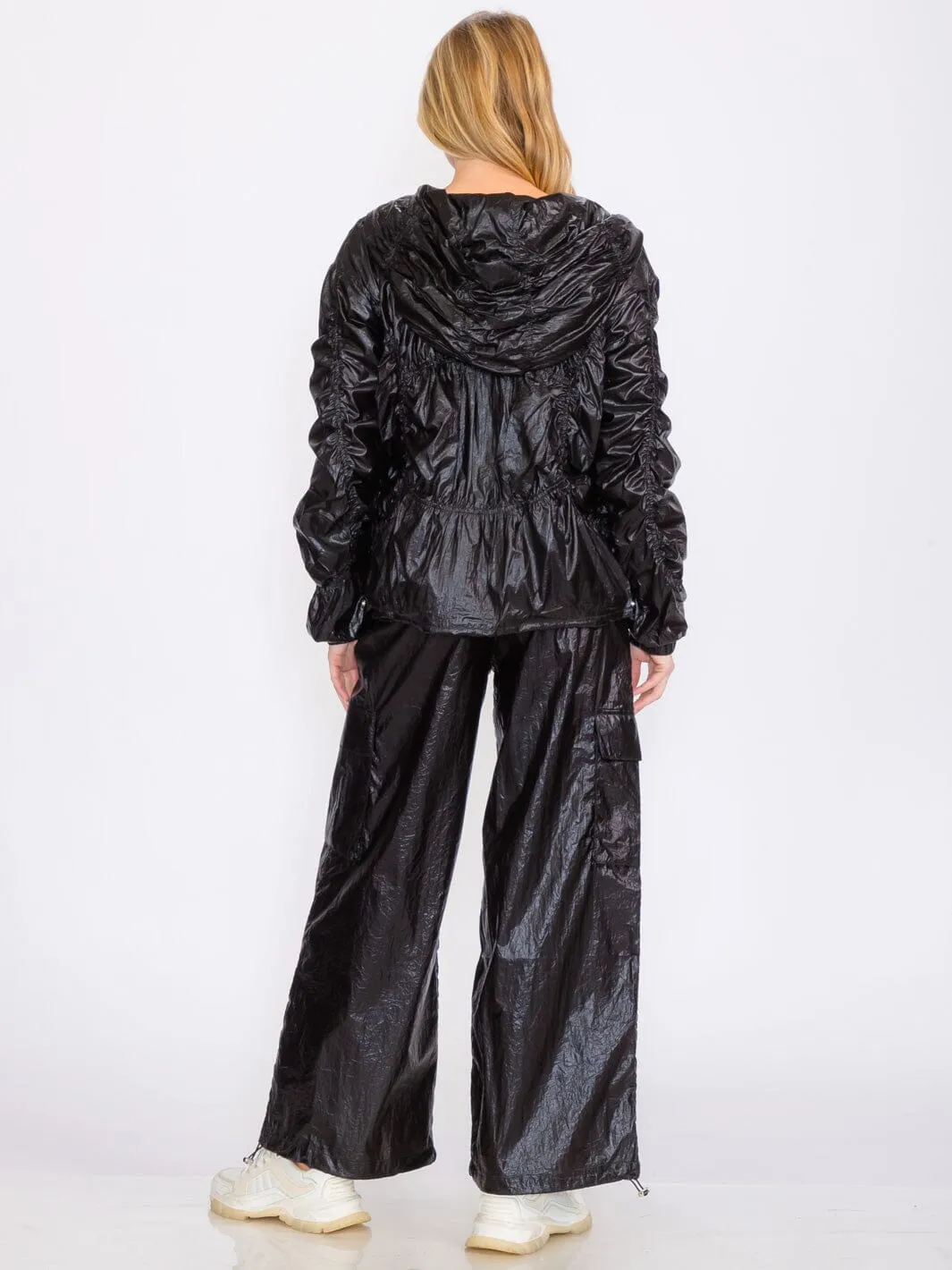 WOMEN'S ELASTIC WAIST CARGO POCKETS METALLIC ADJUSTABLE WIDE LEG PANTS