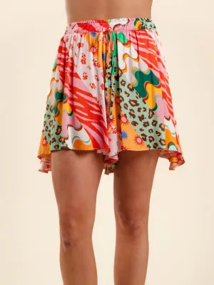 WOMEN'S ELASTIC WAIST MULTI PRINT FIT & FLARE SHORTS