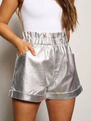 WOMEN'S ELASTIC WAIST POCKET METALLIC MINI SHORTS