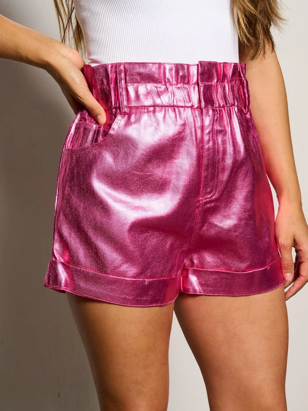 WOMEN'S ELASTIC WAIST POCKET METALLIC MINI SHORTS