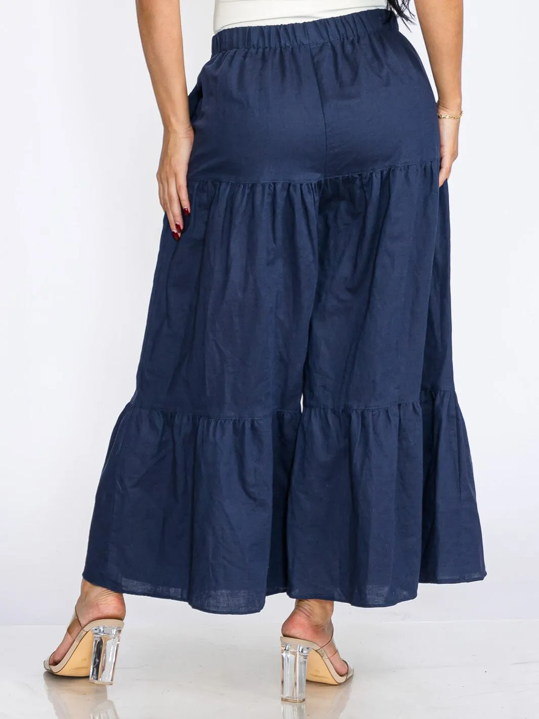 WOMEN'S ELASTIC WAIST POCKETS TIERED WIDE LEG LINEN PANTS