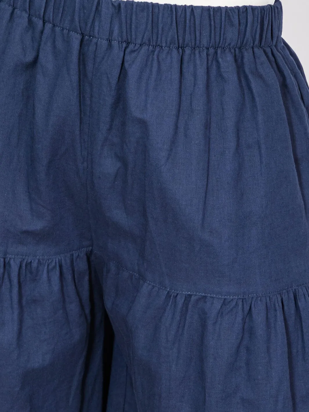 WOMEN'S ELASTIC WAIST POCKETS TIERED WIDE LEG LINEN PANTS