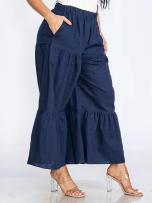WOMEN'S ELASTIC WAIST POCKETS TIERED WIDE LEG LINEN PANTS