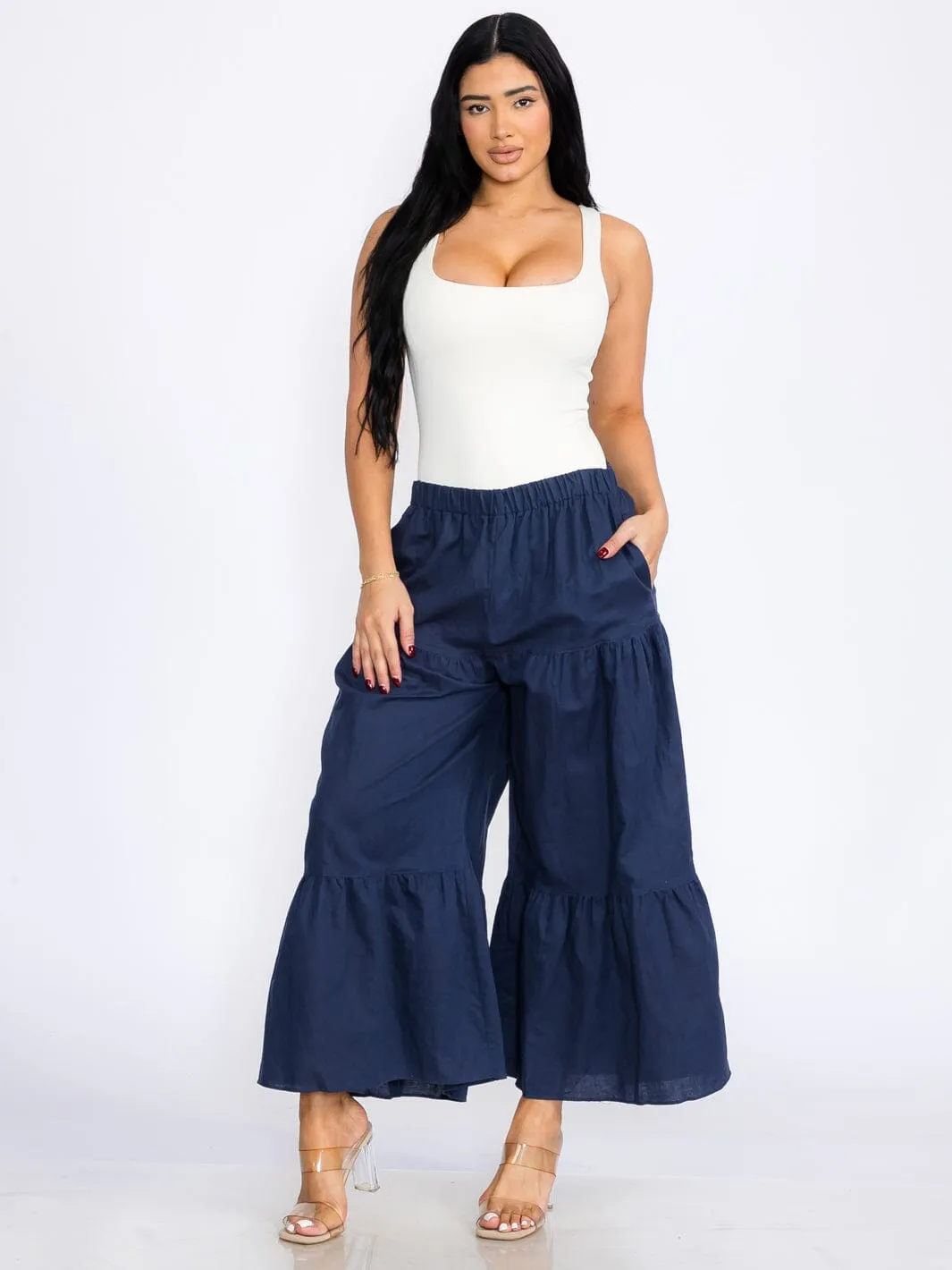 WOMEN'S ELASTIC WAIST POCKETS TIERED WIDE LEG LINEN PANTS