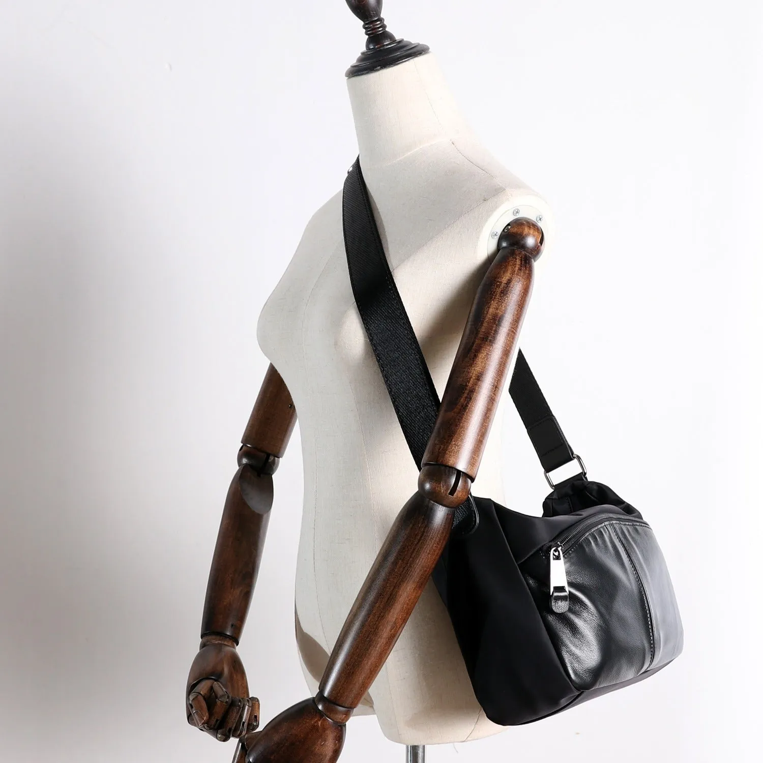Womens Leather Nylon Shoulder Bag Mens Black Nylon Crossbody Bag Black Crossbody Nylon Bag