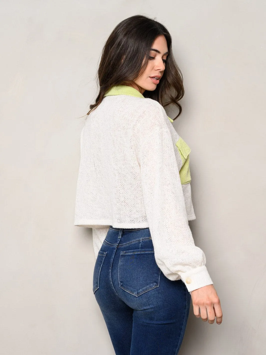 WOMEN'S LONG PUFF SLEEVE BUTTON UP FRONT POCKETS COLORBLOCK TOP
