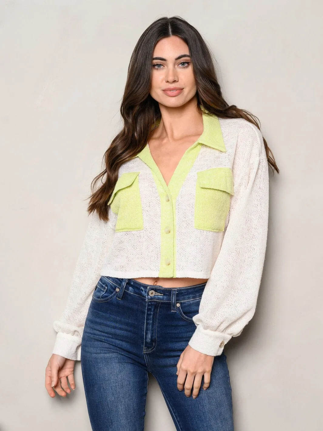WOMEN'S LONG PUFF SLEEVE BUTTON UP FRONT POCKETS COLORBLOCK TOP
