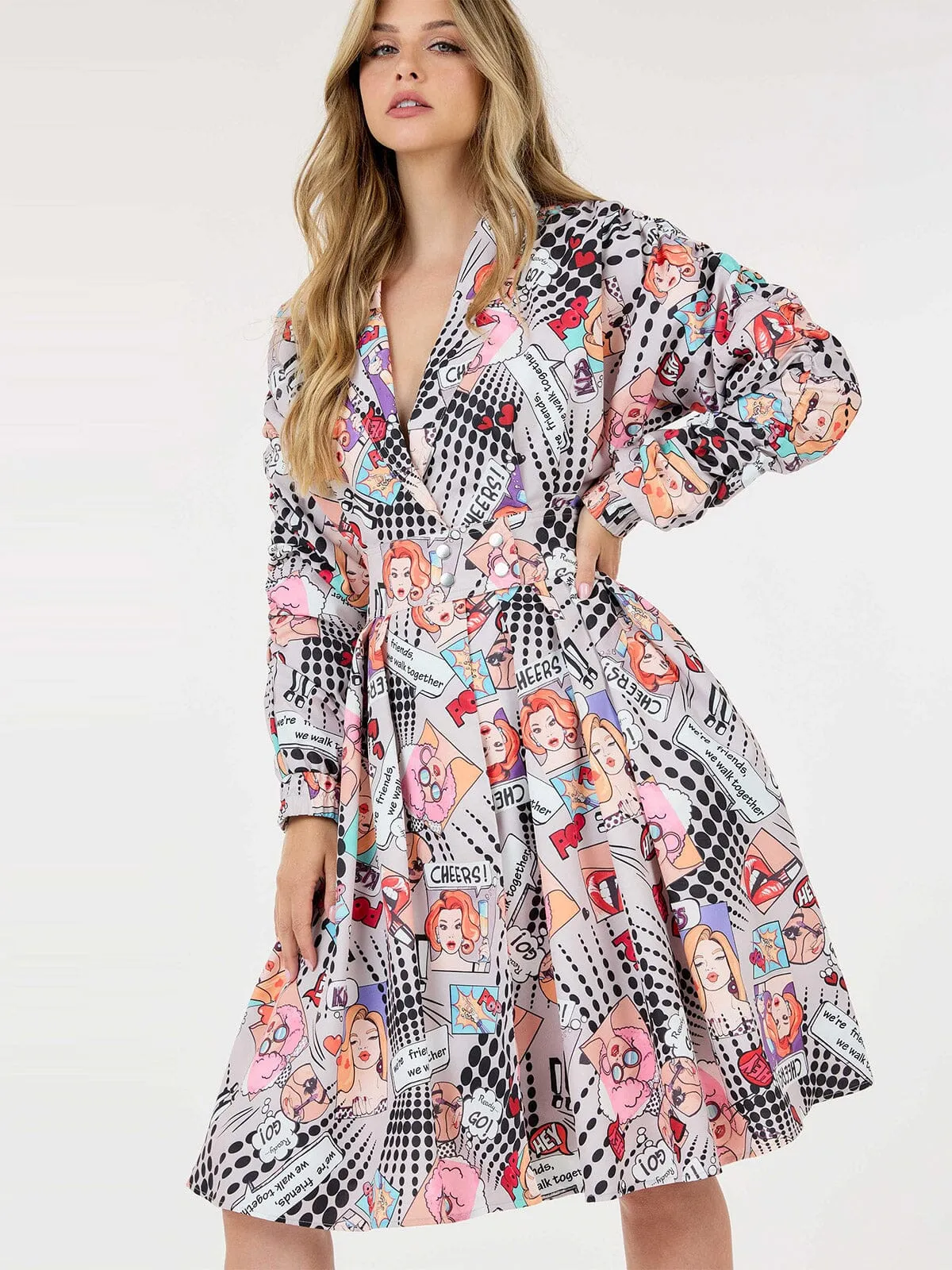 WOMEN'S LONG RUCHED SLEEVE FRONT POCKETS MULTI PRINT WRAP MINI DRESS