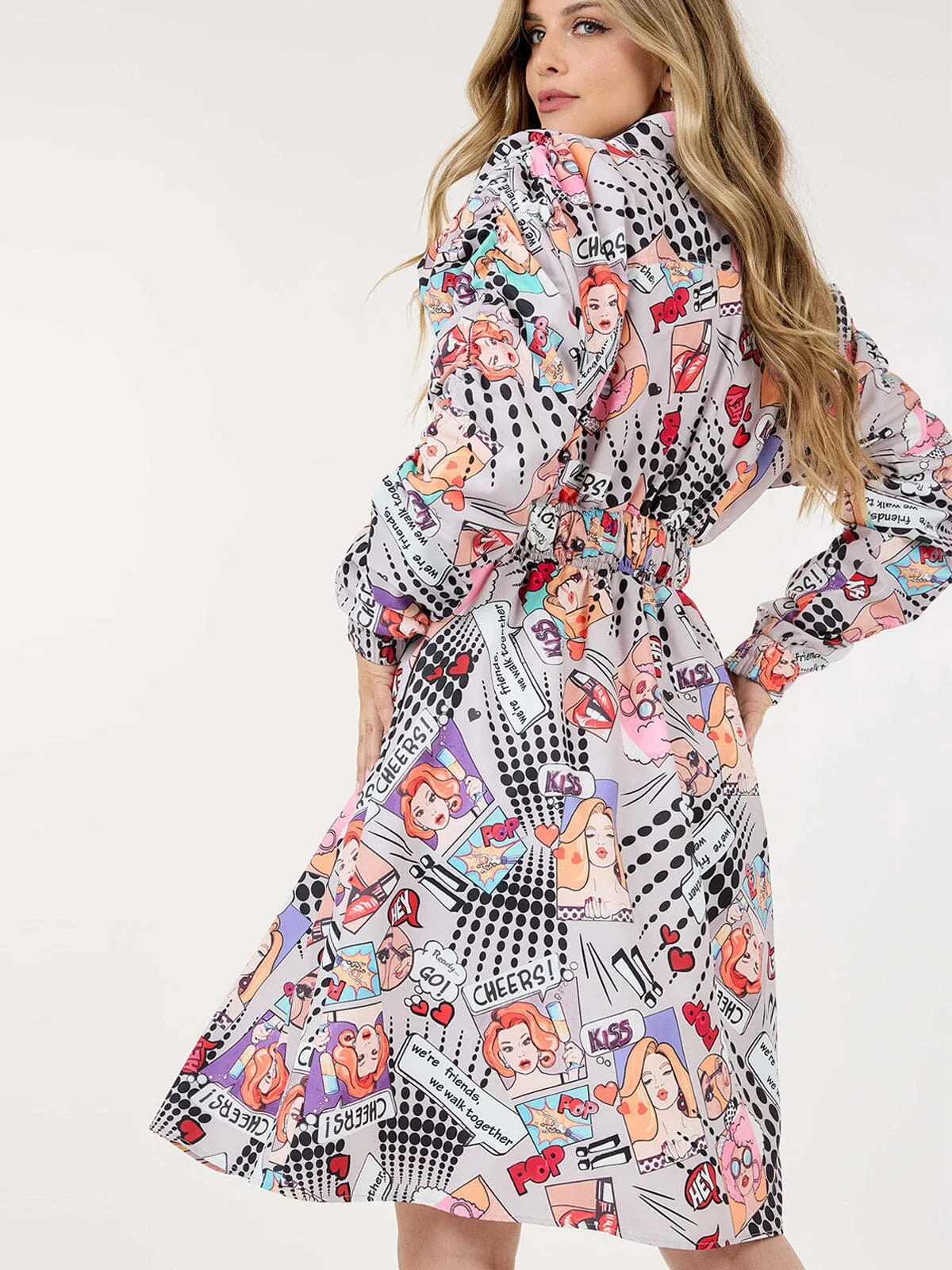WOMEN'S LONG RUCHED SLEEVE FRONT POCKETS MULTI PRINT WRAP MINI DRESS