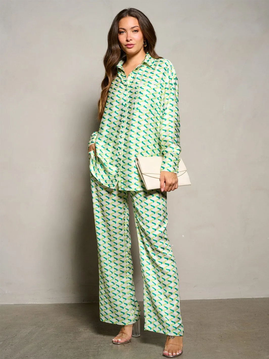 WOMEN'S LONG SLEEVE BLOUSE & ELASTIC WAIST PANTS MULTI PRINT 2PC.SET