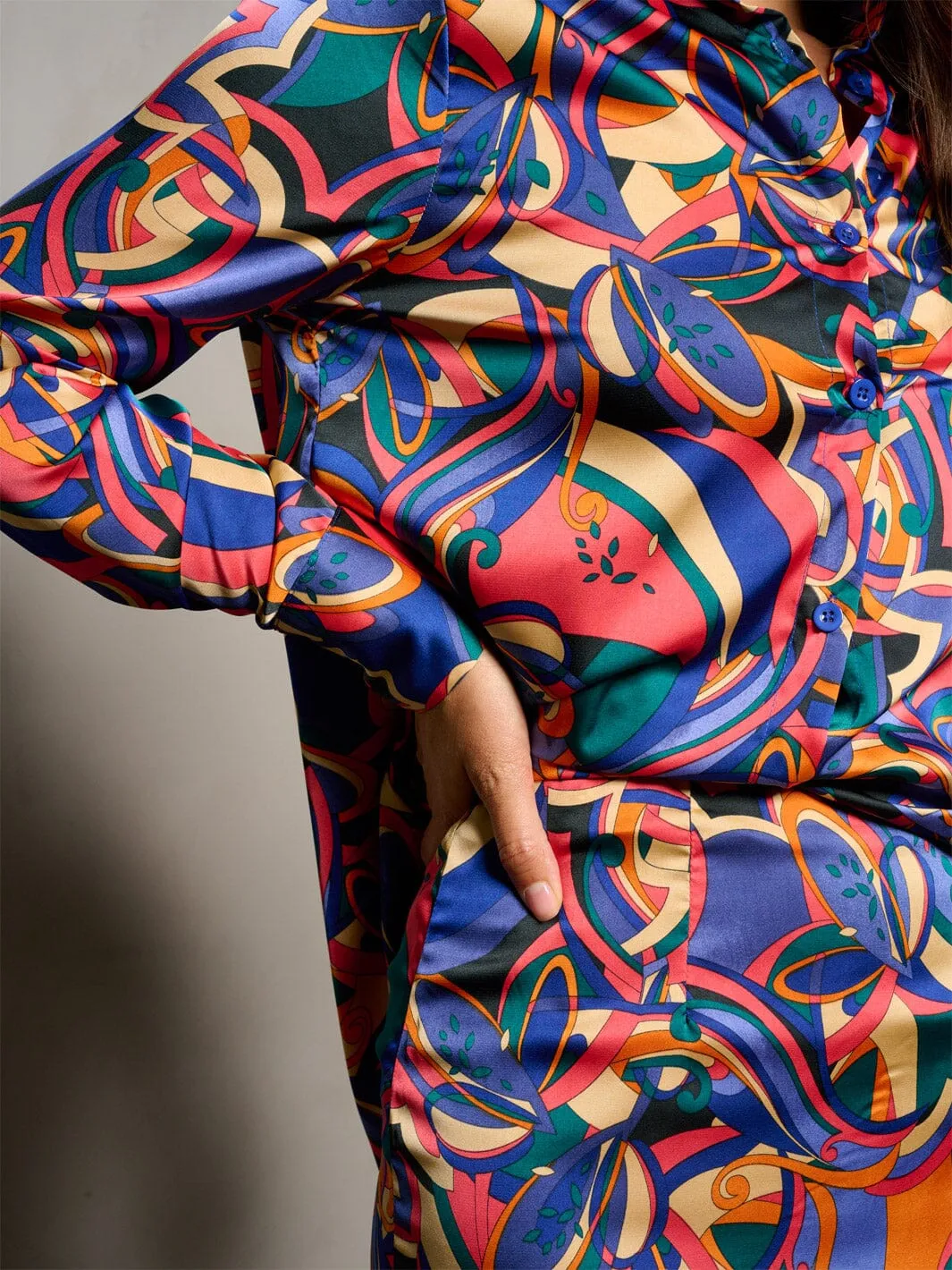 WOMEN'S LONG SLEEVE BLOUSE & ZIP UP MINI SKIRT MULTI PRINT 2PC. SET