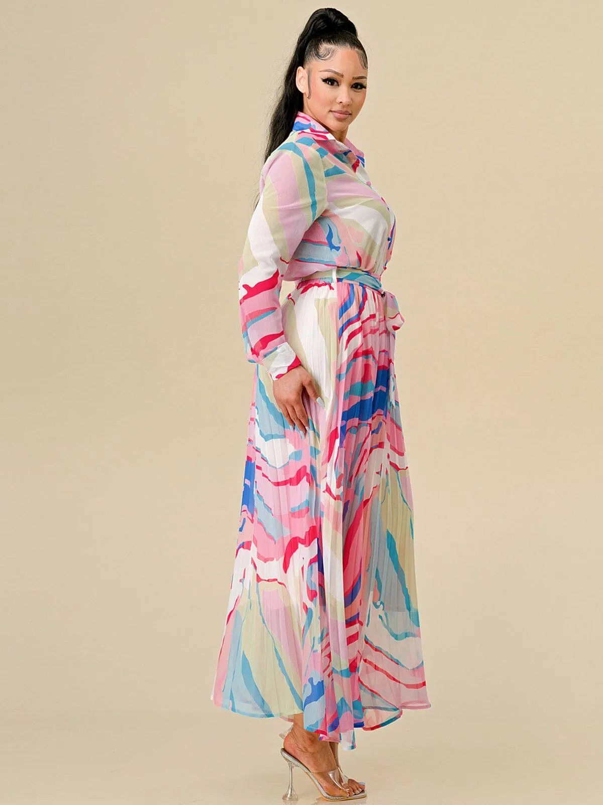 WOMEN'S LONG SLEEVE BLOUSE & ZIP UP PLEATED MAXI SKIRT MULTI PRINT 2PC. SET