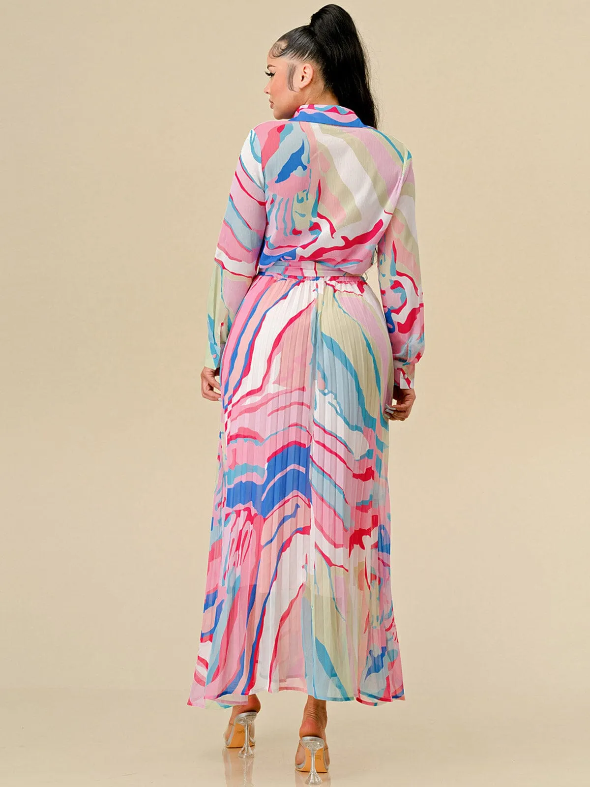 WOMEN'S LONG SLEEVE BLOUSE & ZIP UP PLEATED MAXI SKIRT MULTI PRINT 2PC. SET