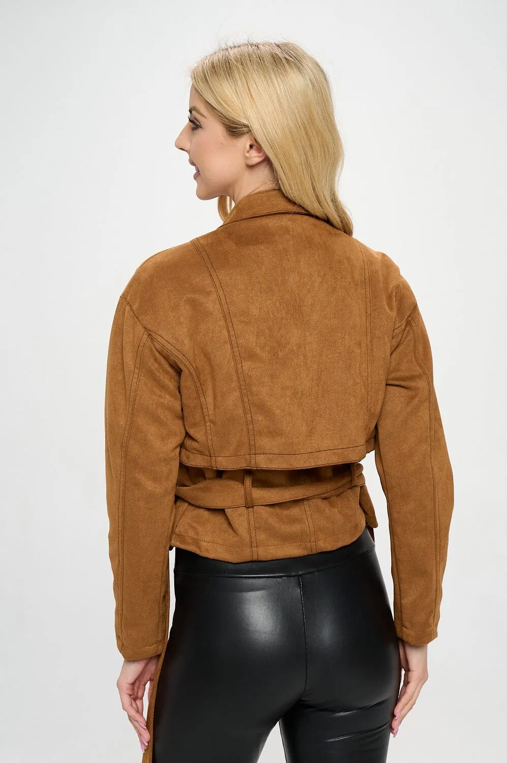 WOMEN'S LONG SLEEVE BUTTON CLOSURE FRONT POCKETS BELTED JACKET