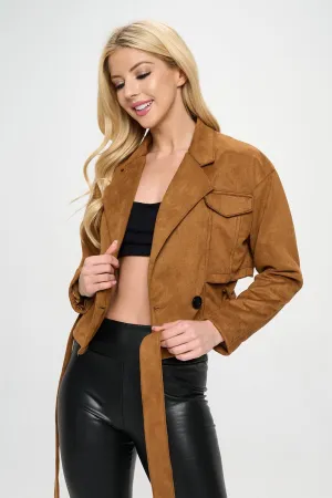 WOMEN'S LONG SLEEVE BUTTON CLOSURE FRONT POCKETS BELTED JACKET