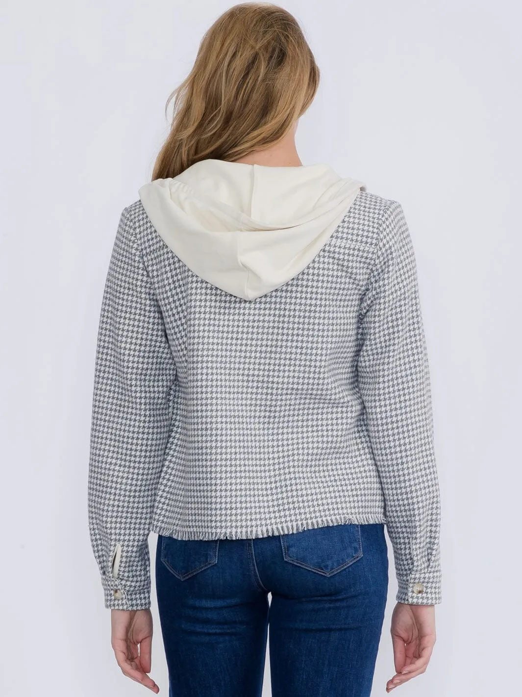 WOMEN'S LONG SLEEVE BUTTON CLOSURE FRONT POCKETS COLORBLOCK HOODED JACKET