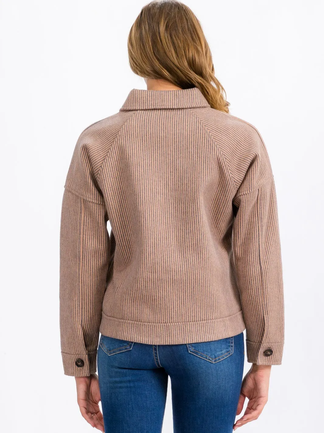 WOMEN'S LONG SLEEVE BUTTON CLOSURE FRONT POCKETS STRIPES JACKET