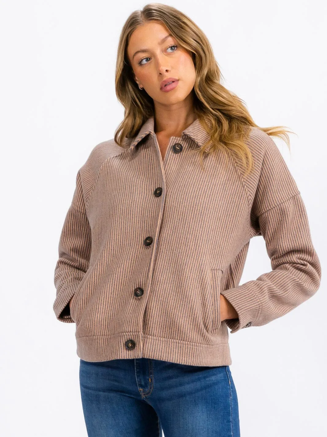 WOMEN'S LONG SLEEVE BUTTON CLOSURE FRONT POCKETS STRIPES JACKET