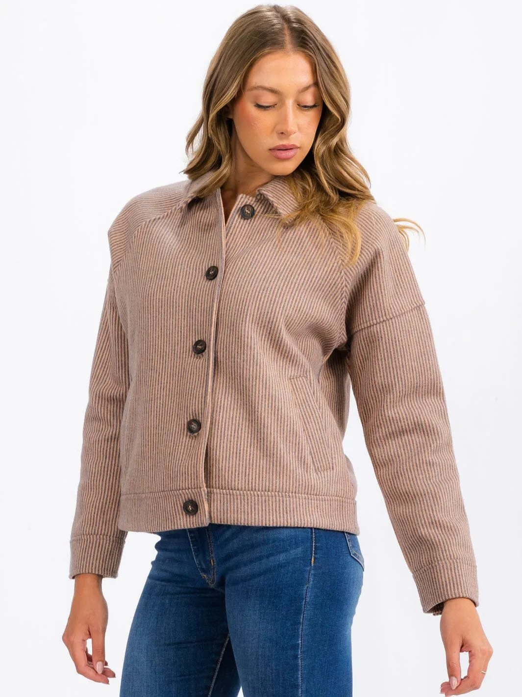 WOMEN'S LONG SLEEVE BUTTON CLOSURE FRONT POCKETS STRIPES JACKET