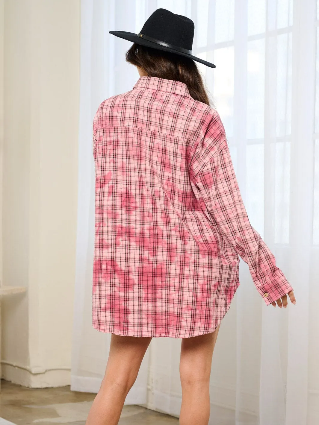 WOMEN'S LONG SLEEVE BUTTON UP FRONT POCKETS PLAID MINI DRESS