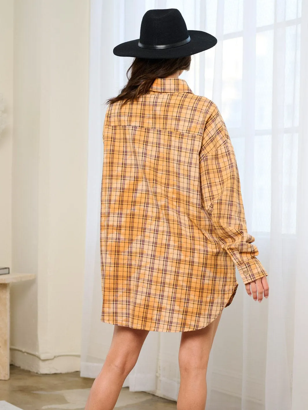 WOMEN'S LONG SLEEVE BUTTON UP FRONT POCKETS PLAID MINI DRESS