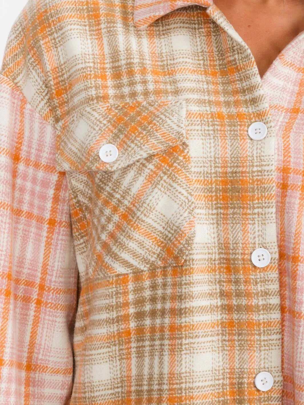 WOMEN'S LONG SLEEVE BUTTON UP FRONT POCKETS PLAID OVERSIZE SHIRT
