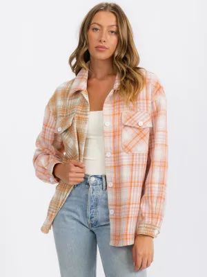 WOMEN'S LONG SLEEVE BUTTON UP FRONT POCKETS PLAID OVERSIZE SHIRT