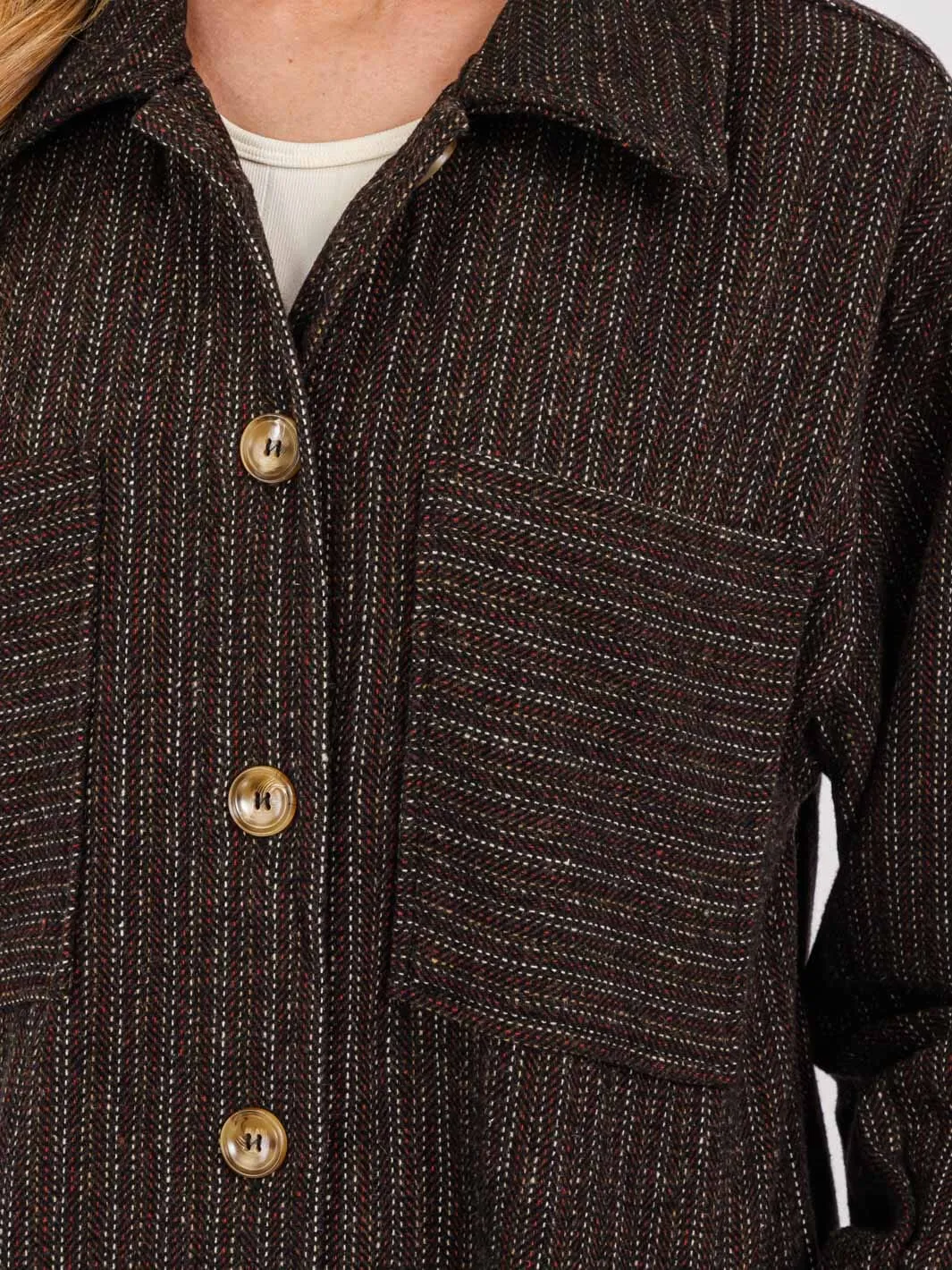 WOMEN'S LONG SLEEVE BUTTON UP FRONT POCKETS SHACKET