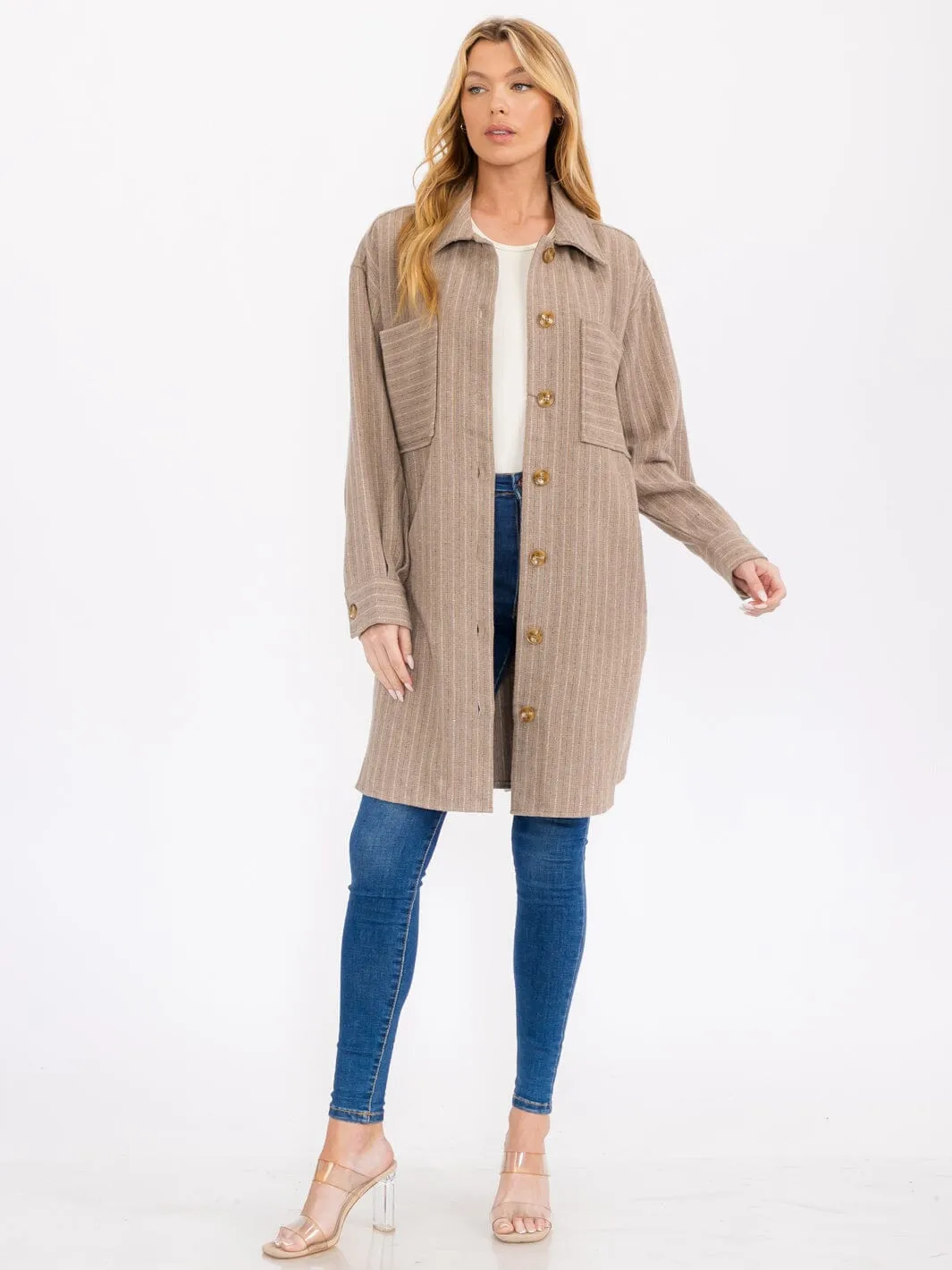 WOMEN'S LONG SLEEVE BUTTON UP FRONT POCKETS SHACKET