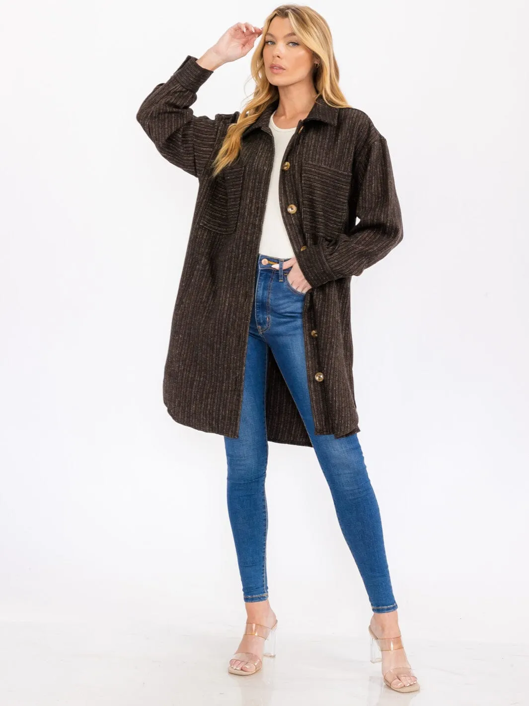 WOMEN'S LONG SLEEVE BUTTON UP FRONT POCKETS SHACKET