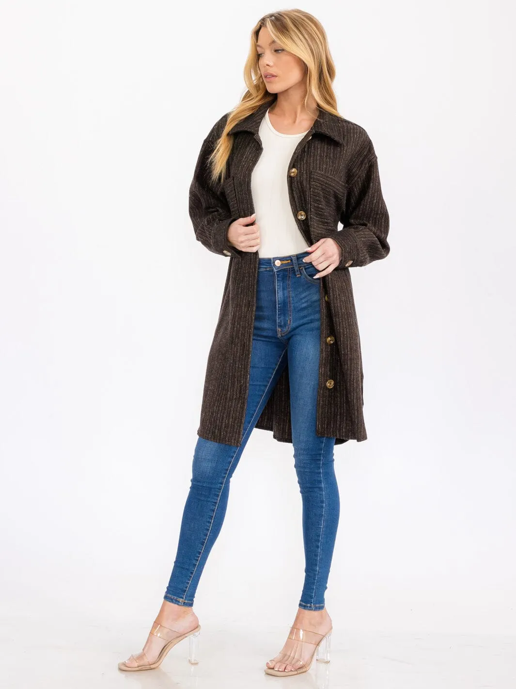 WOMEN'S LONG SLEEVE BUTTON UP FRONT POCKETS SHACKET