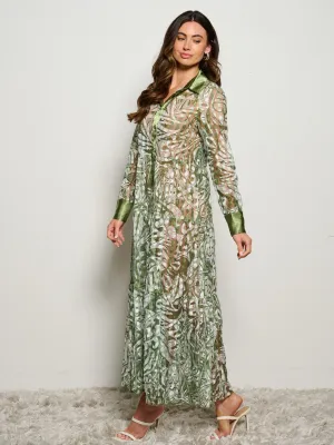 WOMEN'S LONG SLEEVE BUTTON UP MESH MULTI PRINT TIERED MAXI DRESS