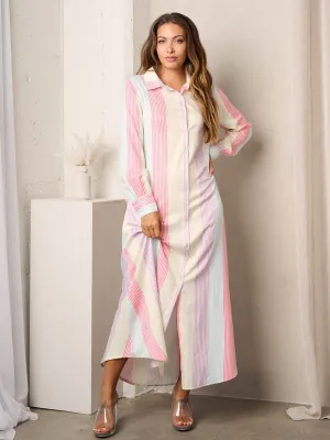 WOMEN'S LONG SLEEVE BUTTON UP MULTI COLOR STRIPES MAXI DRESS