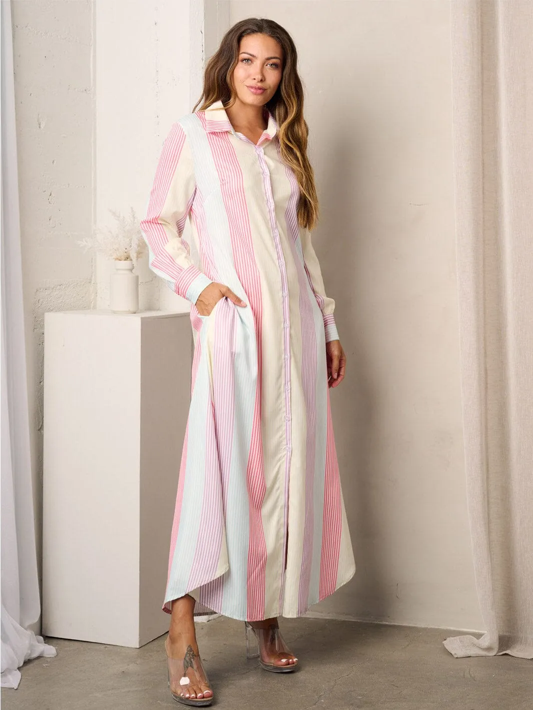 WOMEN'S LONG SLEEVE BUTTON UP MULTI COLOR STRIPES MAXI DRESS