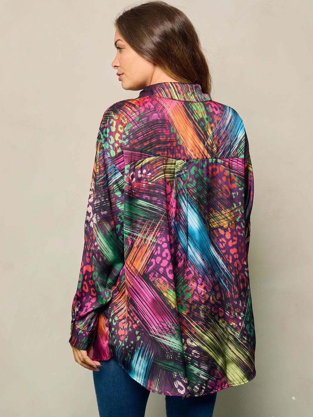 WOMEN'S LONG SLEEVE BUTTON UP PRINTED OVERSIZE BLOUSE TOP