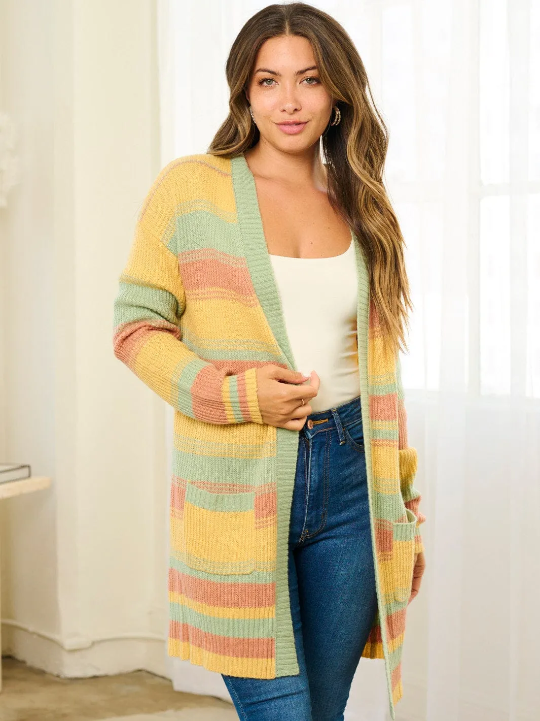 WOMEN'S LONG SLEEVE COLORBLOCK OPEN FRONT POCKETS CARDIGAN