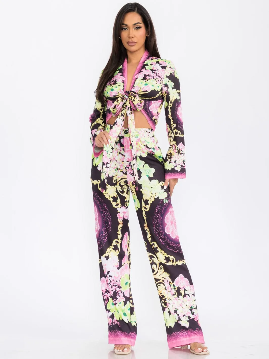 WOMEN'S LONG SLEEVE CROP TOP & WIDE LEG PANTS FLORAL PRINT 2PC. SET