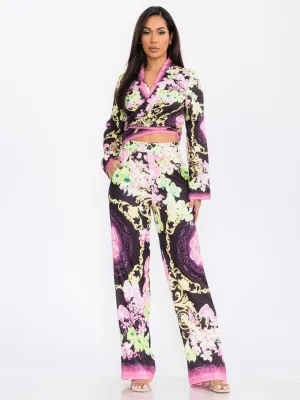 WOMEN'S LONG SLEEVE CROP TOP & WIDE LEG PANTS FLORAL PRINT 2PC. SET