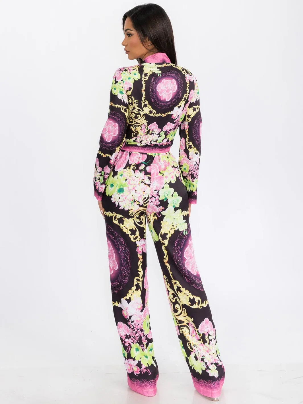 WOMEN'S LONG SLEEVE CROP TOP & WIDE LEG PANTS FLORAL PRINT 2PC. SET