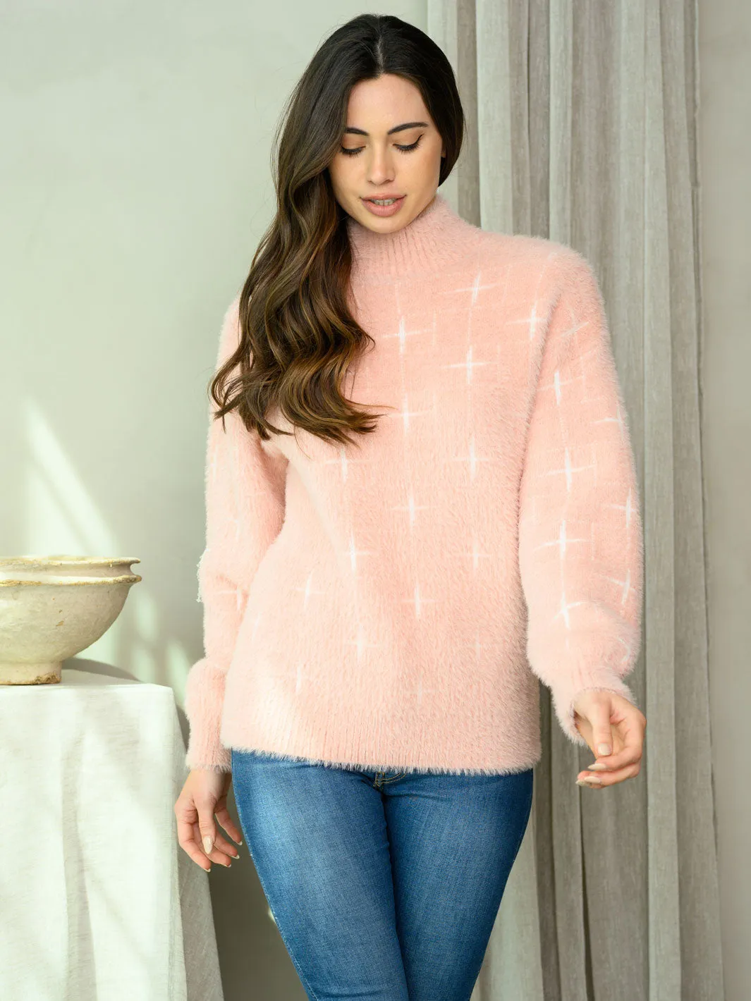 WOMEN'S LONG SLEEVE FUZZY TURTLE NECK SWEATER