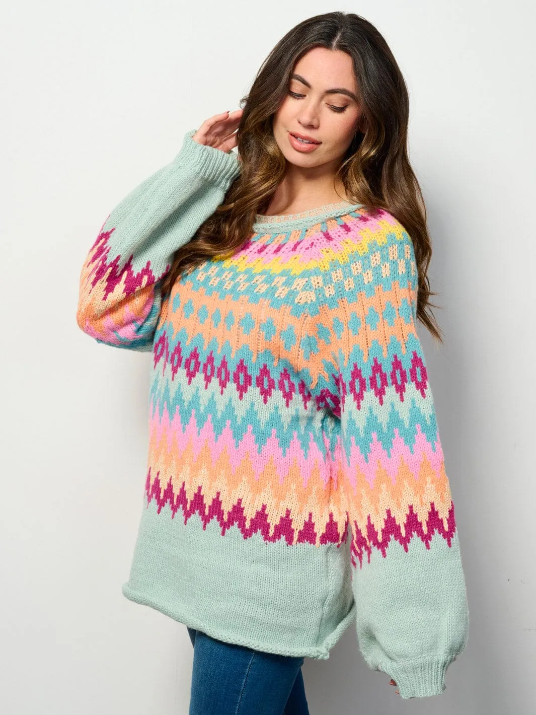WOMEN'S LONG SLEEVE MULTI COLORS OVERSIZE KNIT PULLOVER SWEATER