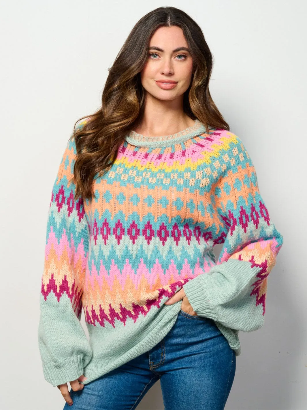 WOMEN'S LONG SLEEVE MULTI COLORS OVERSIZE KNIT PULLOVER SWEATER