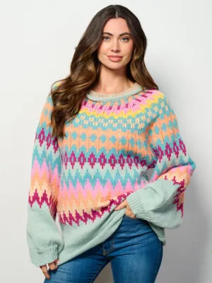 WOMEN'S LONG SLEEVE MULTI COLORS OVERSIZE KNIT PULLOVER SWEATER