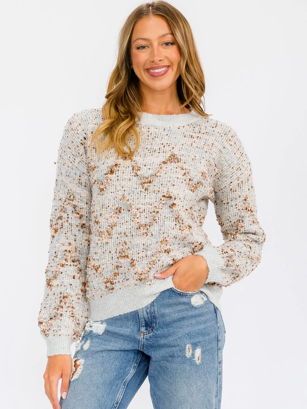 WOMEN'S LONG SLEEVE MULTI COLORS PRINTED PULLOVER SWEATER
