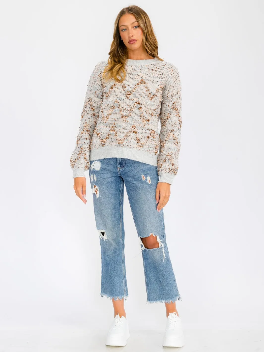 WOMEN'S LONG SLEEVE MULTI COLORS PRINTED PULLOVER SWEATER