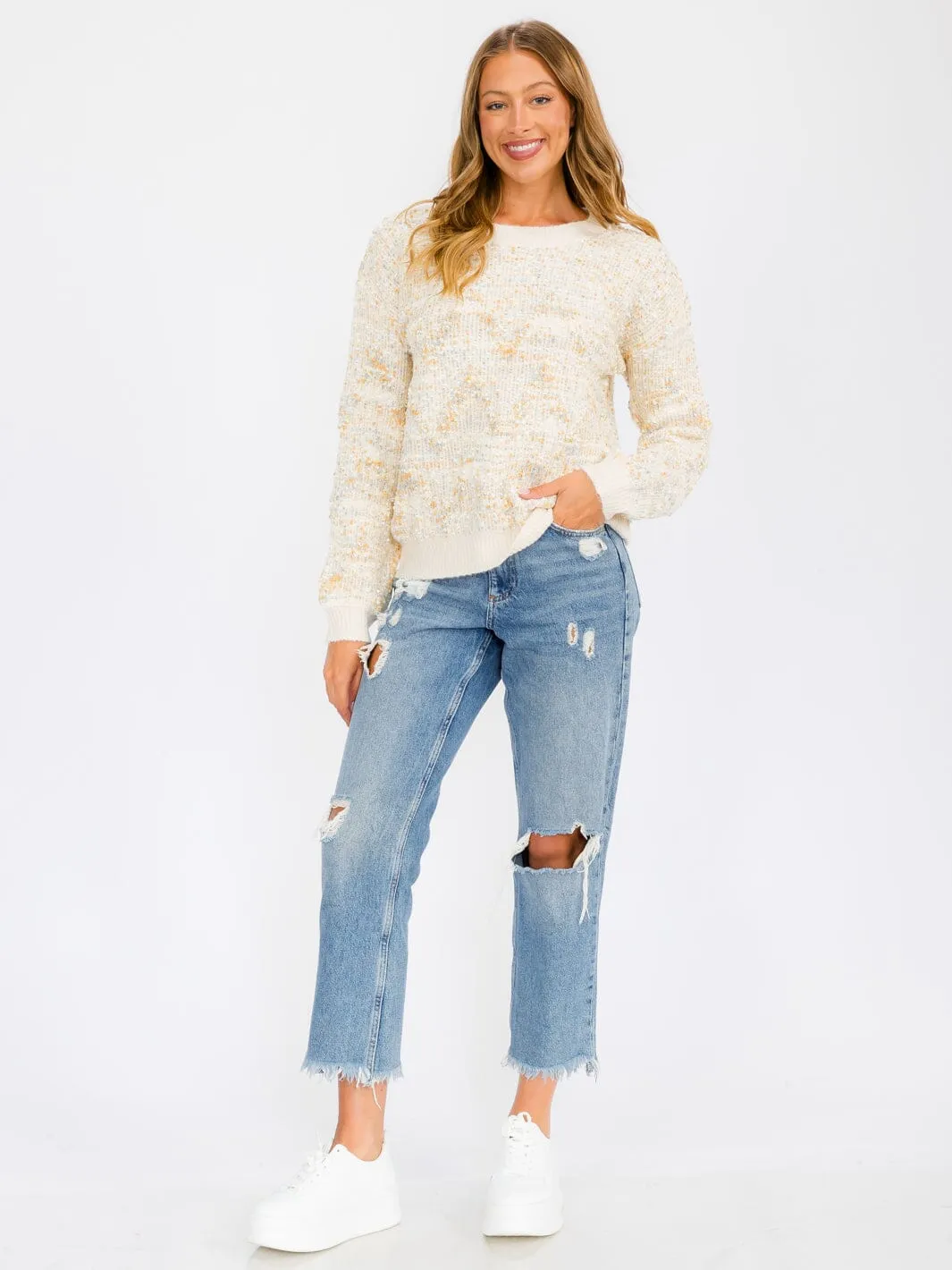 WOMEN'S LONG SLEEVE MULTI COLORS PRINTED PULLOVER SWEATER