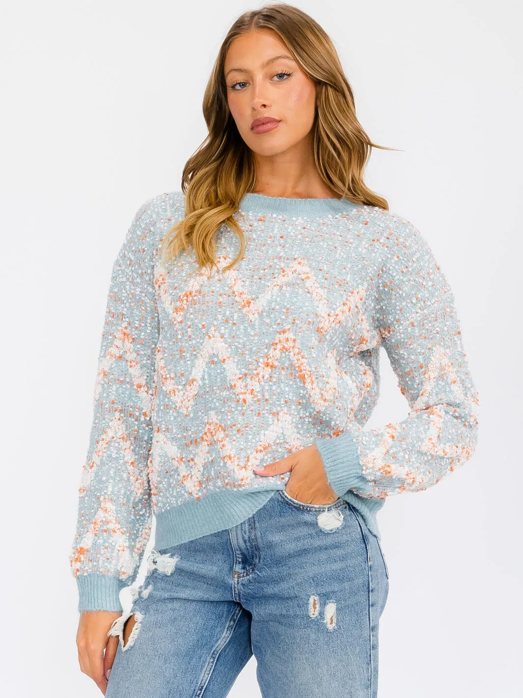 WOMEN'S LONG SLEEVE MULTI COLORS PRINTED PULLOVER SWEATER