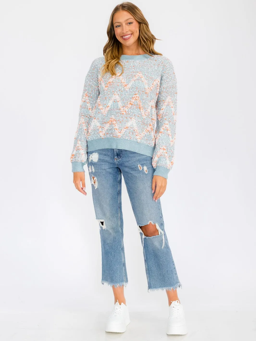 WOMEN'S LONG SLEEVE MULTI COLORS PRINTED PULLOVER SWEATER