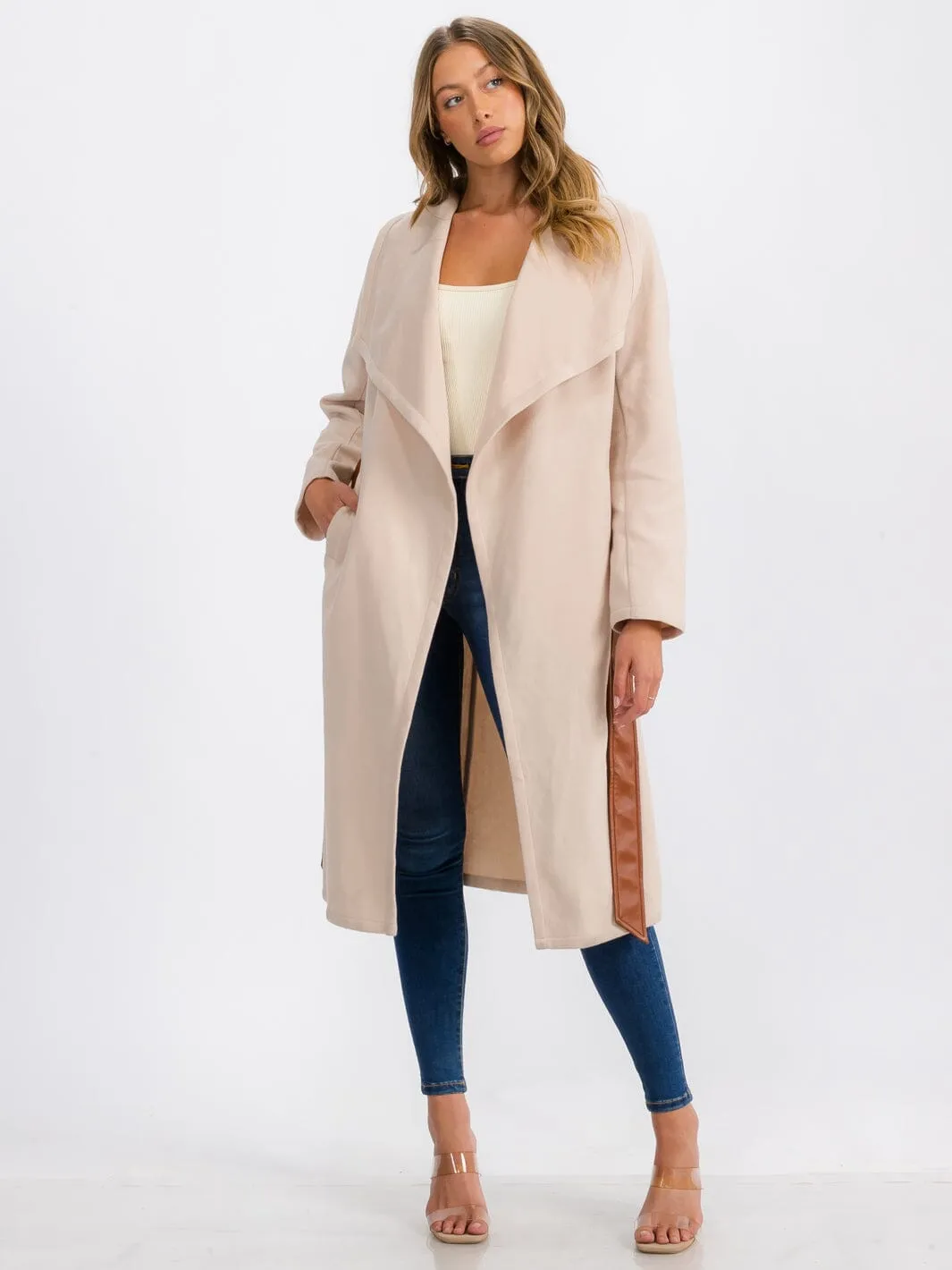 WOMEN'S LONG SLEEVE OPEN FRONT SELF TIE COAT