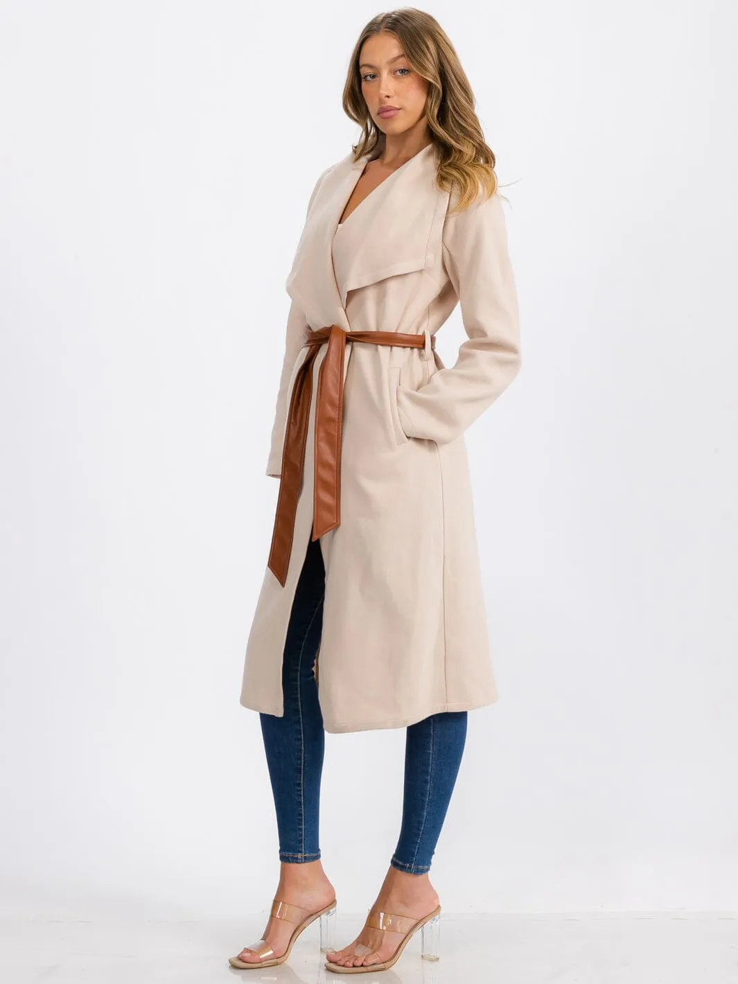 WOMEN'S LONG SLEEVE OPEN FRONT SELF TIE COAT